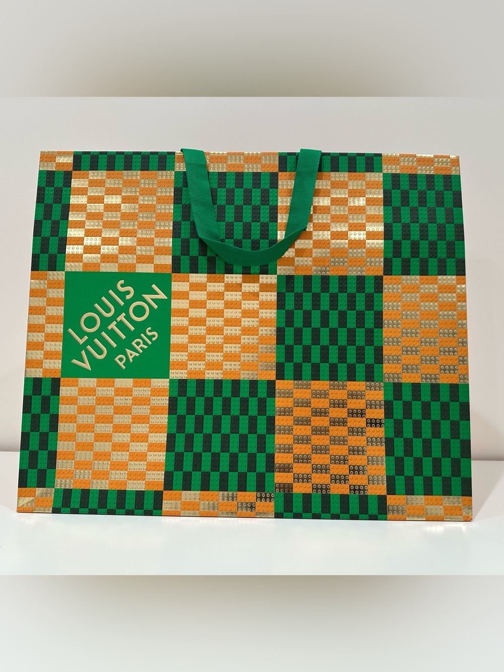 Louis Vuitton Orange Green Lego Paper Shopping Bag w Minor Flaws|19x16x9 inches
